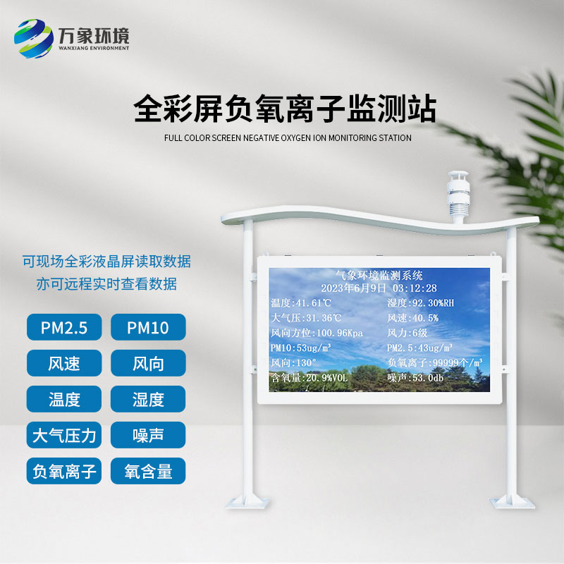全彩屏一體化負(fù)氧離子監(jiān)測站：全彩屏顯示，直觀呈現(xiàn)監(jiān)測數(shù)據(jù)